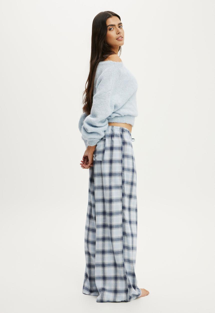 Cotton On - Cosy soft flannel wide leg pant - iris check steely blue