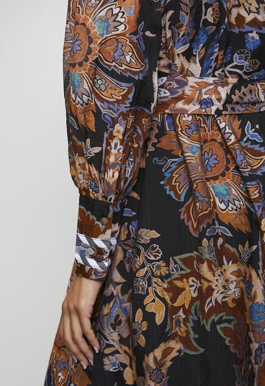 Izabel London - L/S V-Neck Button Through Floral Printed Dress With Contrast Stripe Detail - Multi Rust
