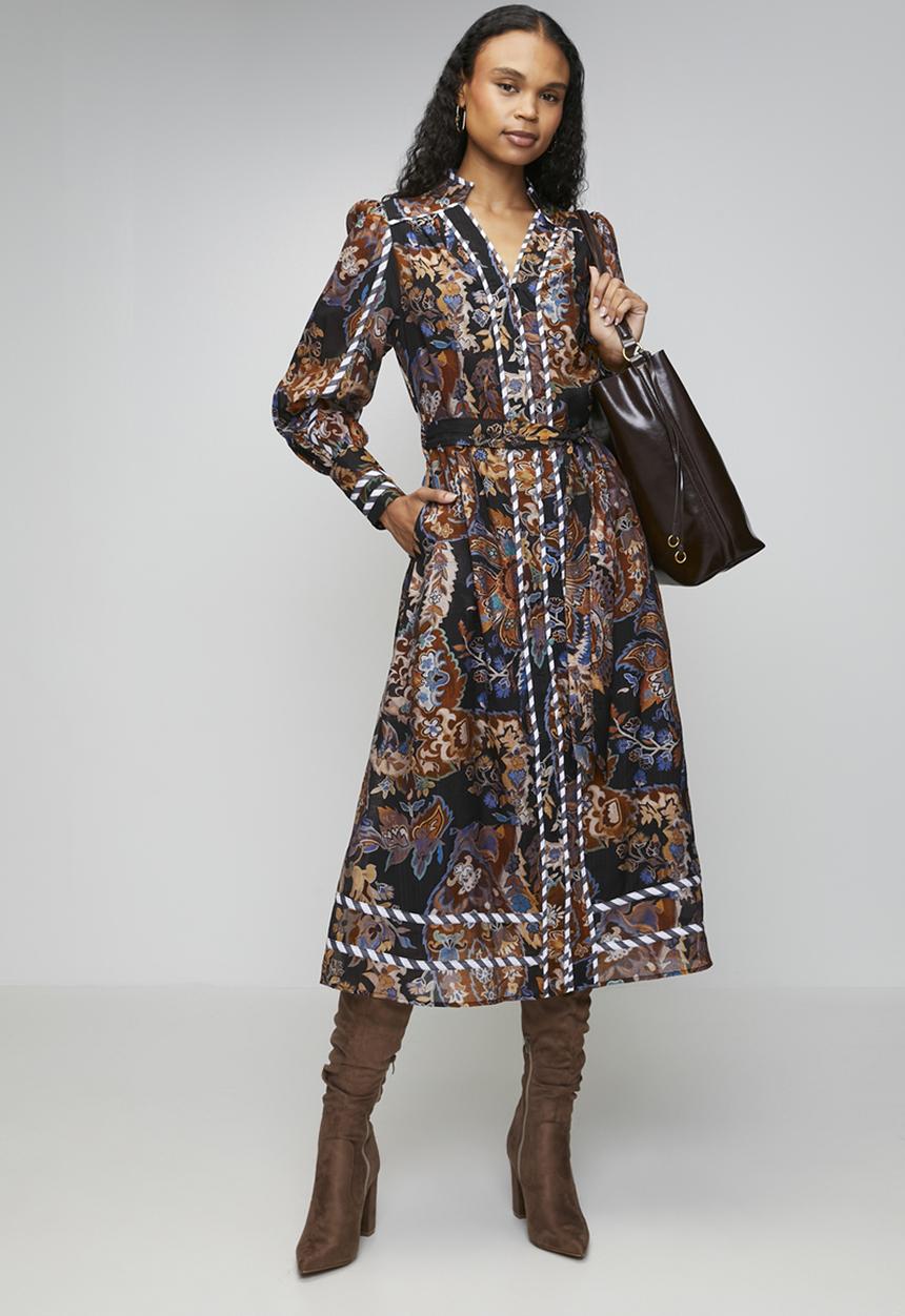 Izabel London - L/S V-Neck Button Through Floral Printed Dress With Contrast Stripe Detail - Multi Rust