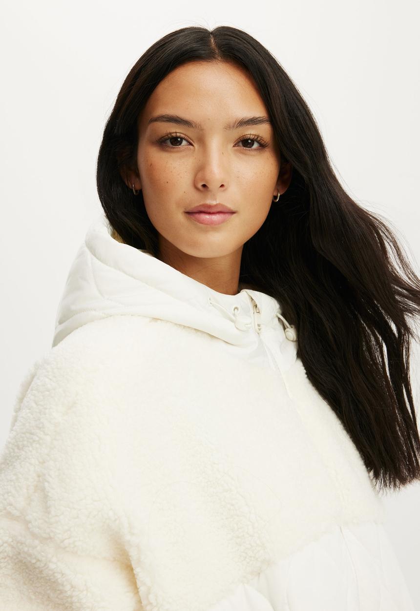 Cotton On - Sherpa Quilted Hooded Jacket - Coconut Milk