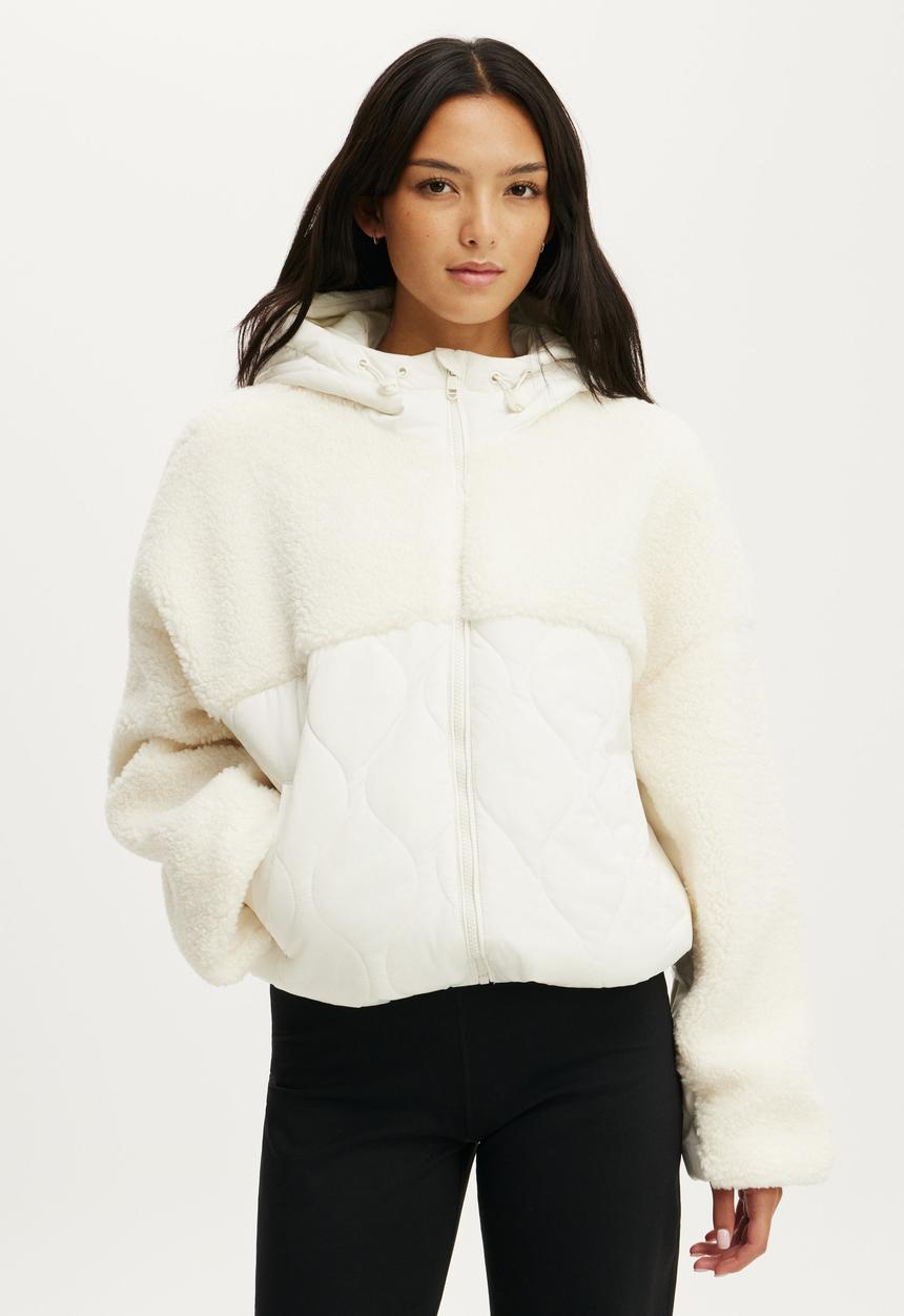 Cotton On - Sherpa Quilted Hooded Jacket - Coconut Milk
