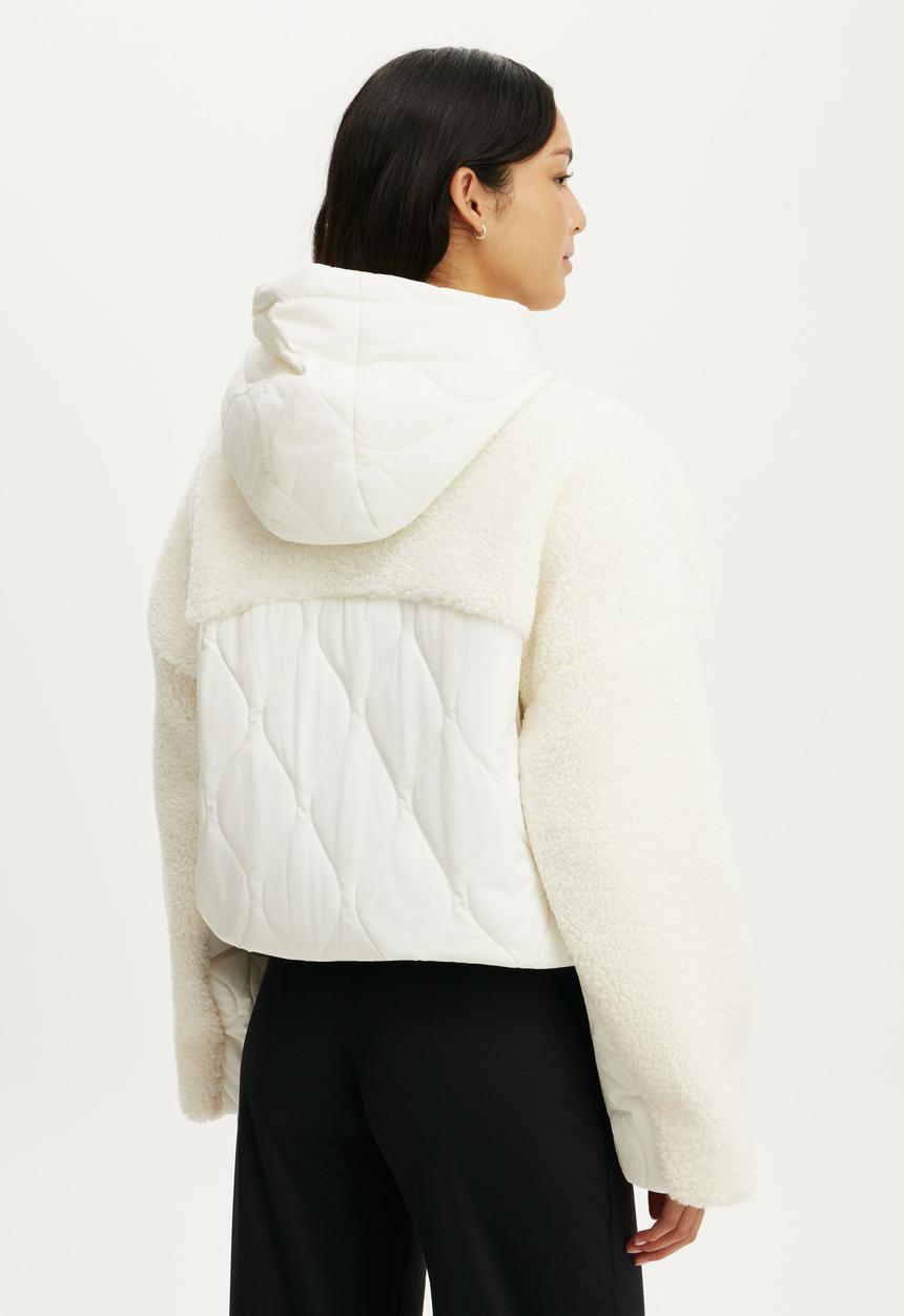 Cotton On - Sherpa Quilted Hooded Jacket - Coconut Milk