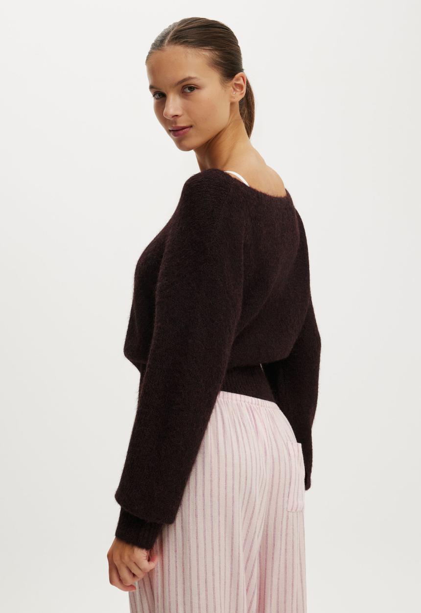 Cotton On - Fluffy off the shoulder knit - chocolate plum