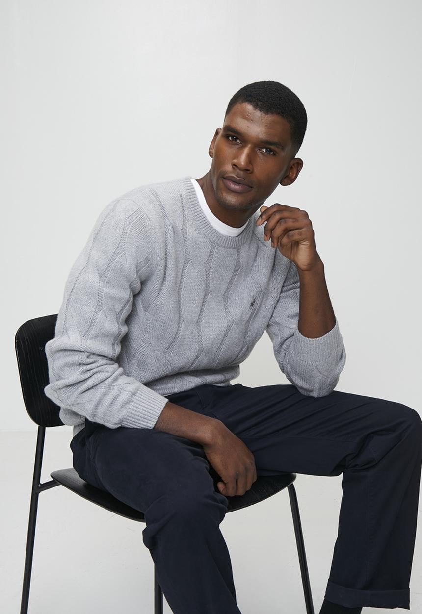 POLO - Kofi Ls Cable Crew Knitwear - Grey