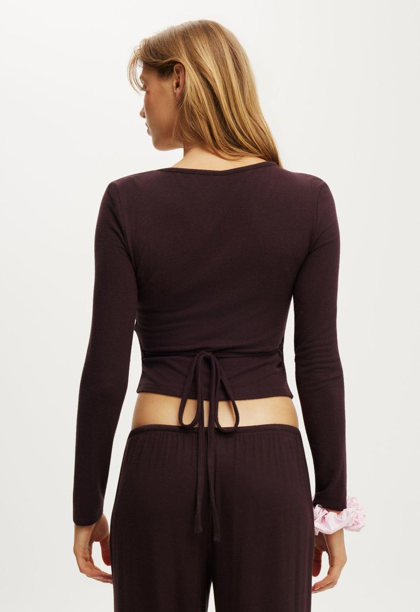 Cotton On - Supersoft boat neck henley long sleeve - chocolate plum