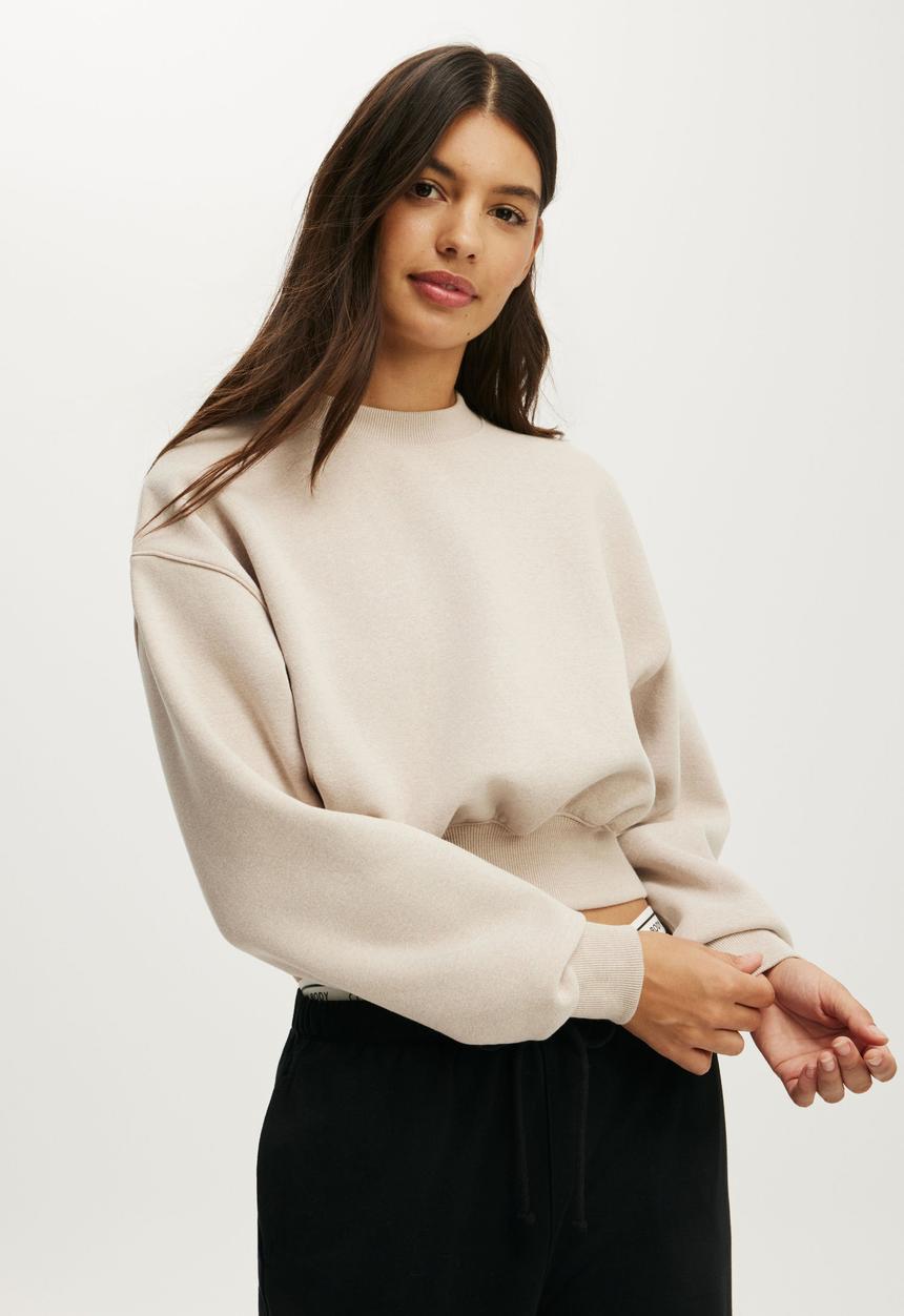 Cotton On - Plush Cropped Crew - Sesame Marle