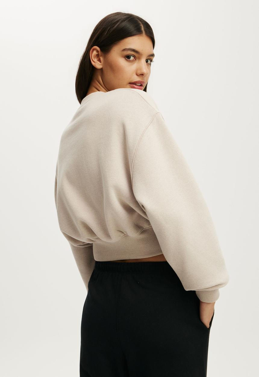 Cotton On - Plush Cropped Crew - Sesame Marle