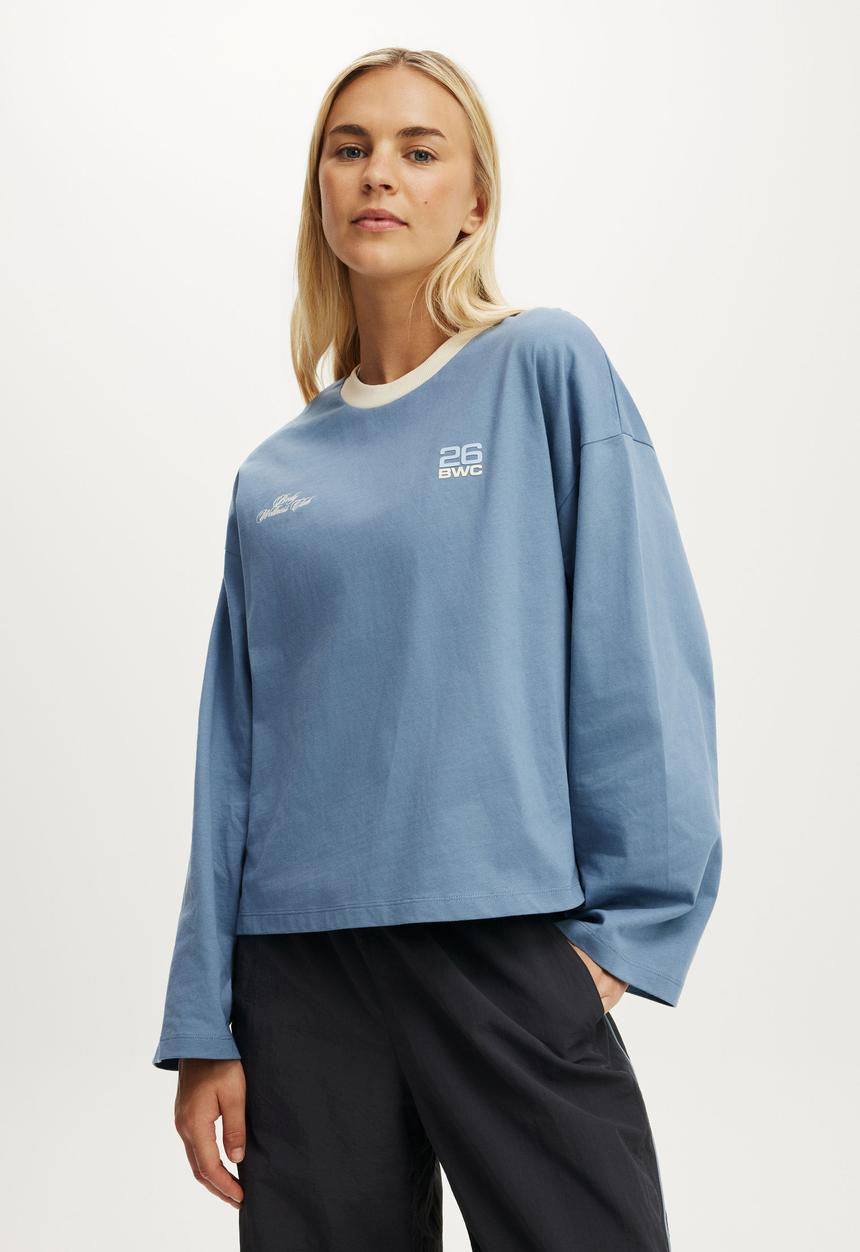 Cotton On - Long Sleeve Boxy Graphic Crew - Infinty Blue/Bwc