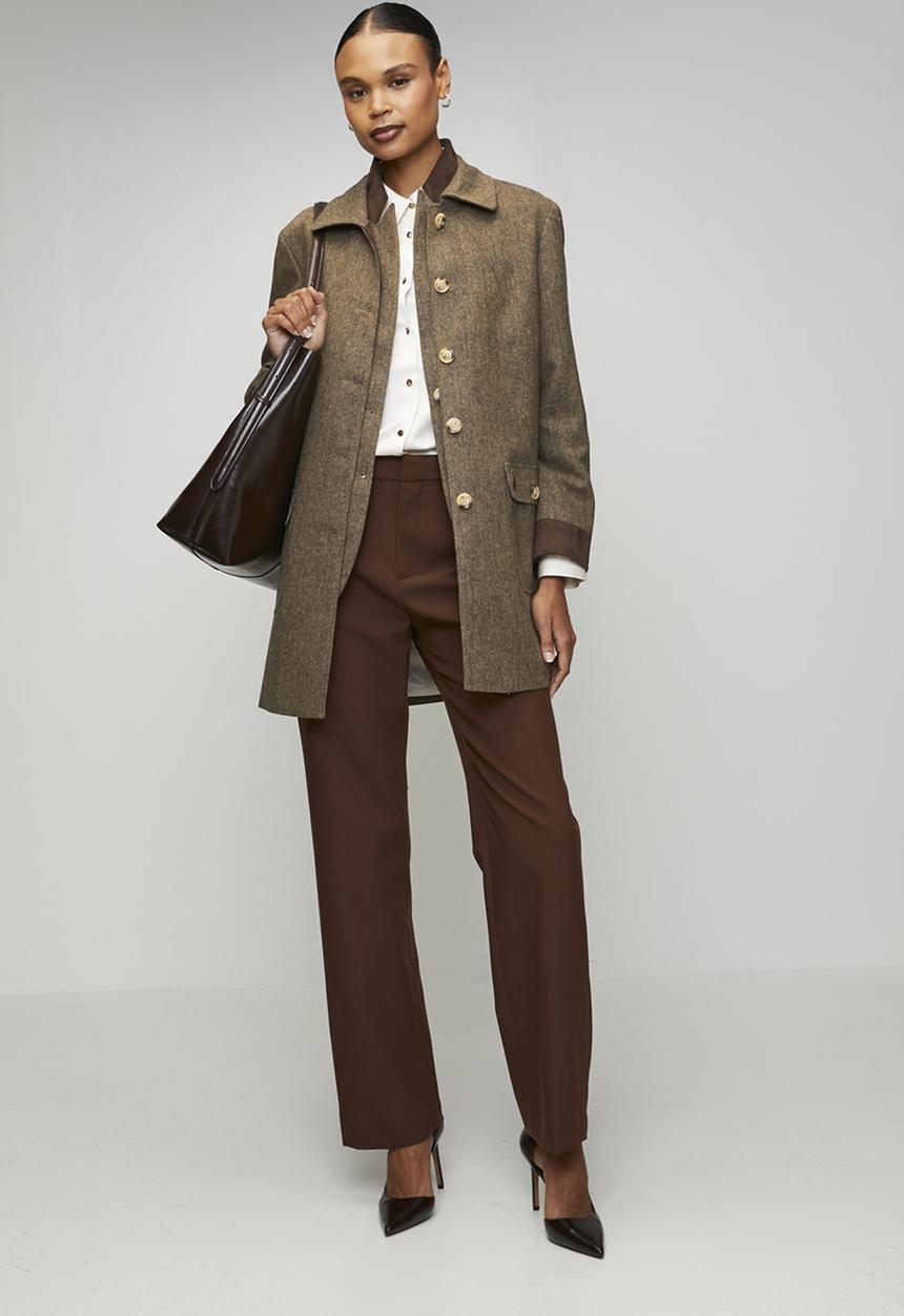 Wmn Cathy Ls Tweed Coat - Brown