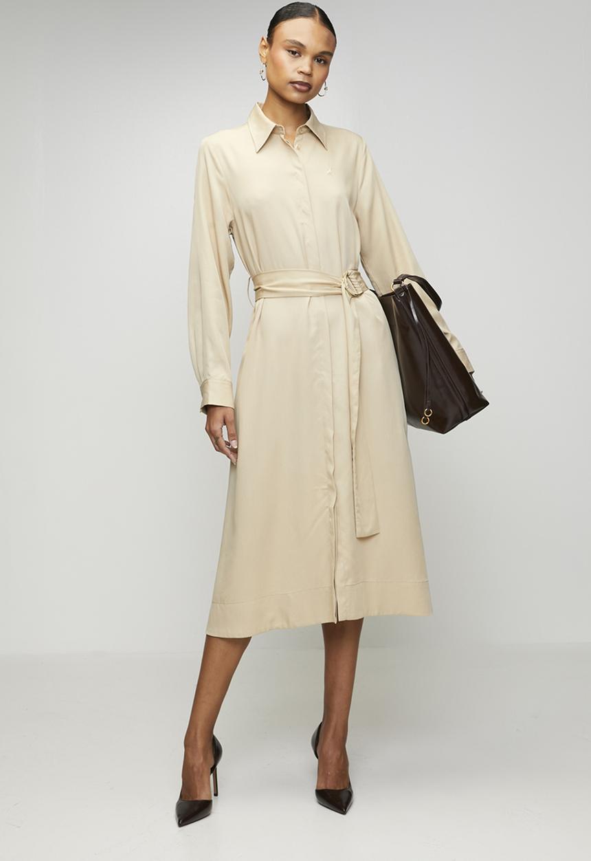 POLO - Wmn Mairi Tencel Long sleeve Shirt Dress - Stone