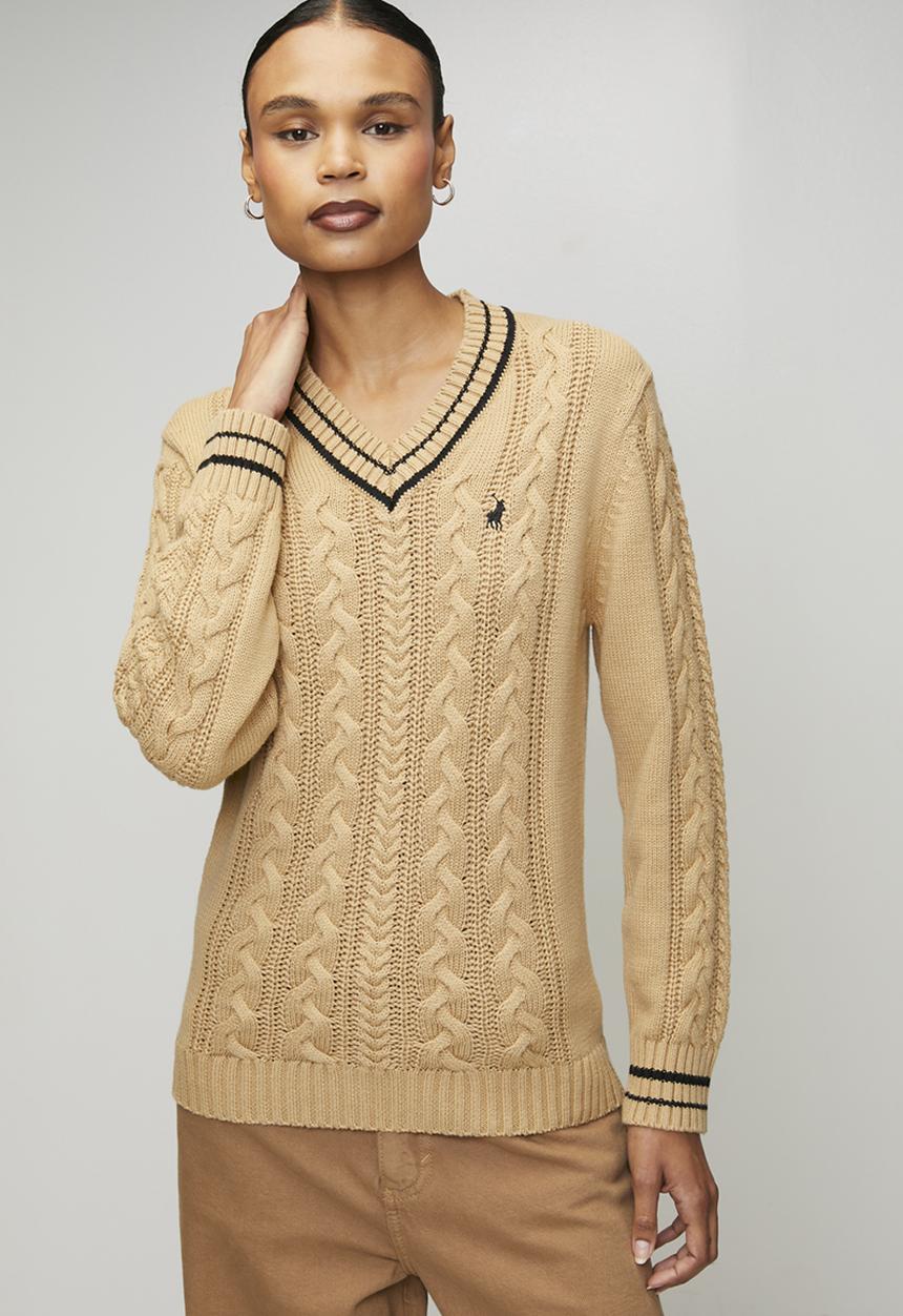 POLO - Wmn Jane Long sleeve V-Neck Cable Knit - Camel