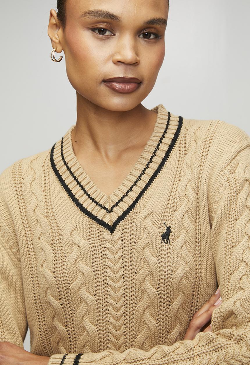 POLO - Wmn Jane Long sleeve V-Neck Cable Knit - Camel