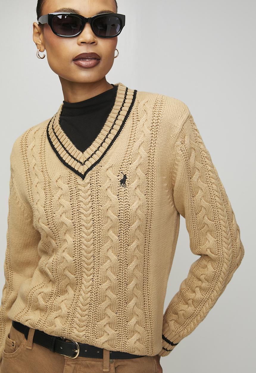 POLO - Wmn Jane Long sleeve V-Neck Cable Knit - Camel