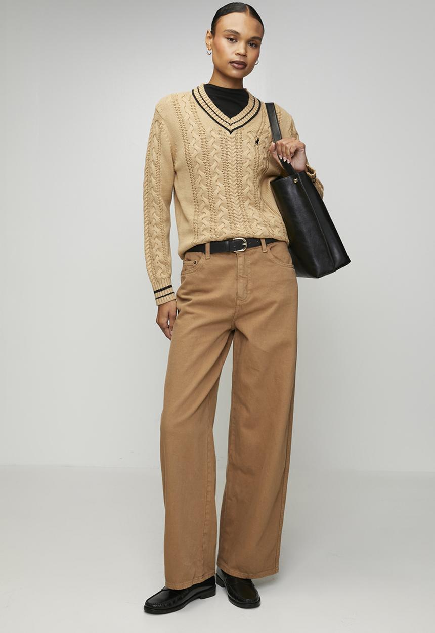 POLO - Wmn Jane Long sleeve V-Neck Cable Knit - Camel