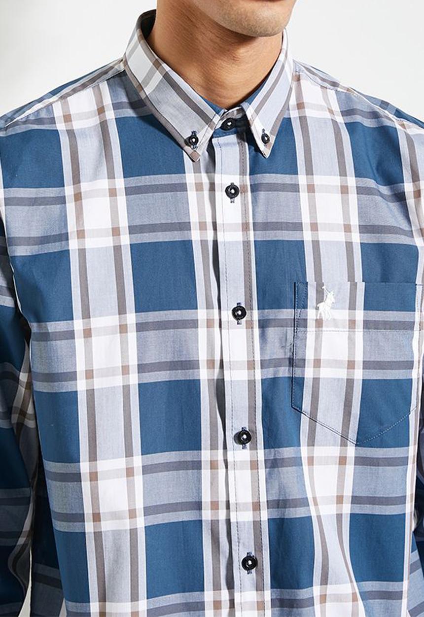 POLO - Mens Easy Care Check Long Sleeve Shirt - Blue