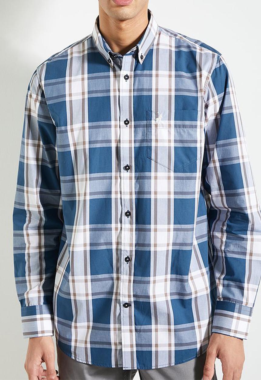 POLO - Mens Easy Care Check Long Sleeve Shirt - Blue