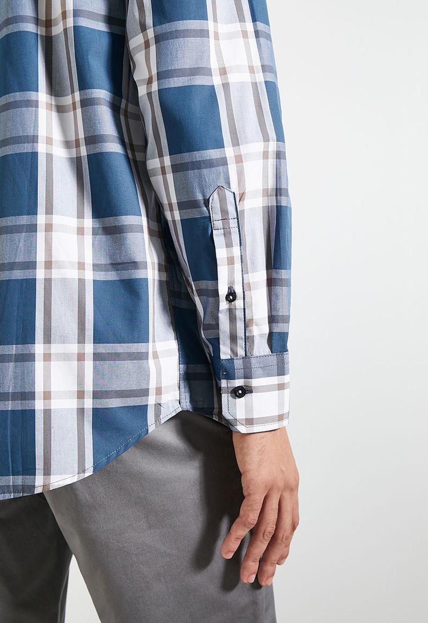 POLO - Mens Easy Care Check Long Sleeve Shirt - Blue