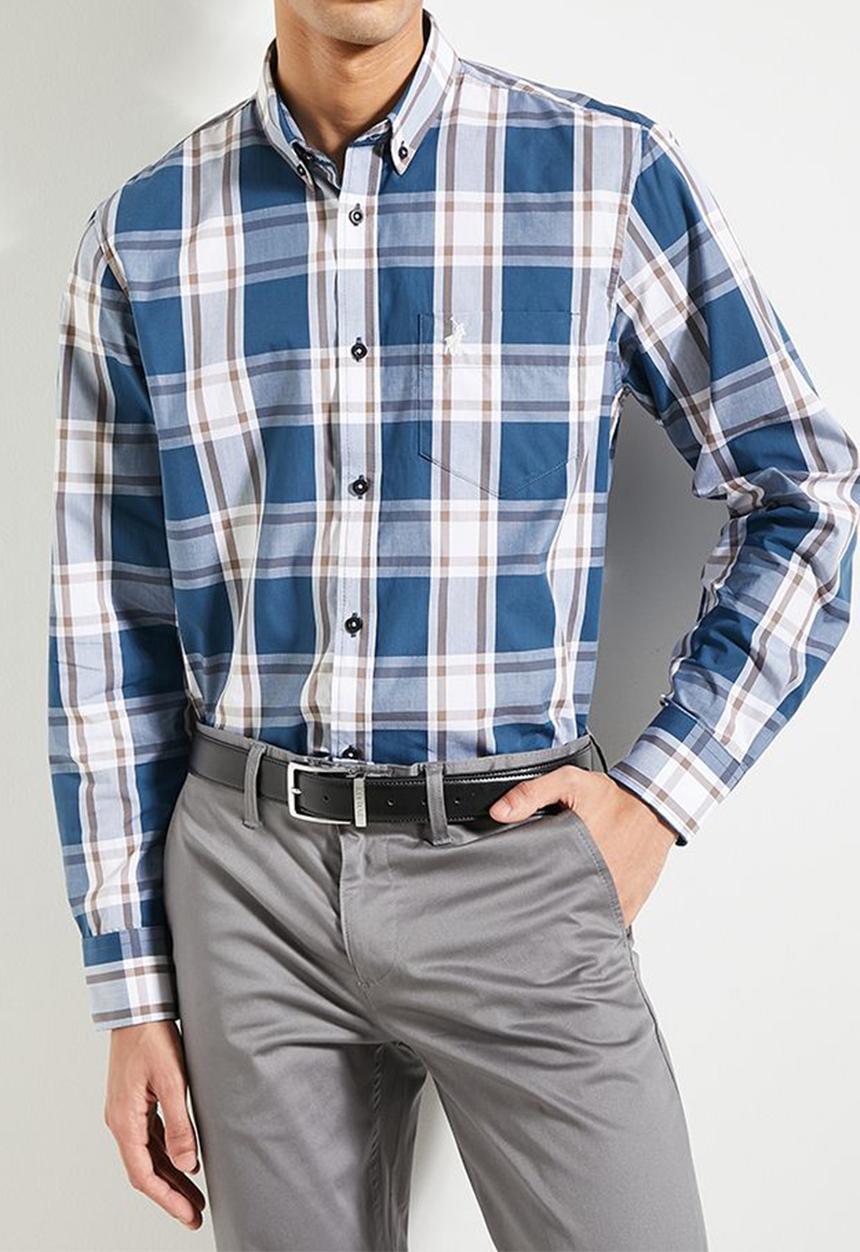 POLO - Mens Easy Care Check Long Sleeve Shirt - Blue