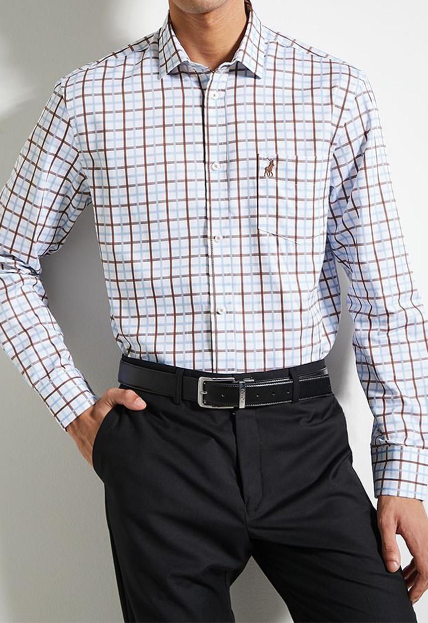 POLO - Mens Easy Care Small Check Long Sleeve Shirt - Multi 