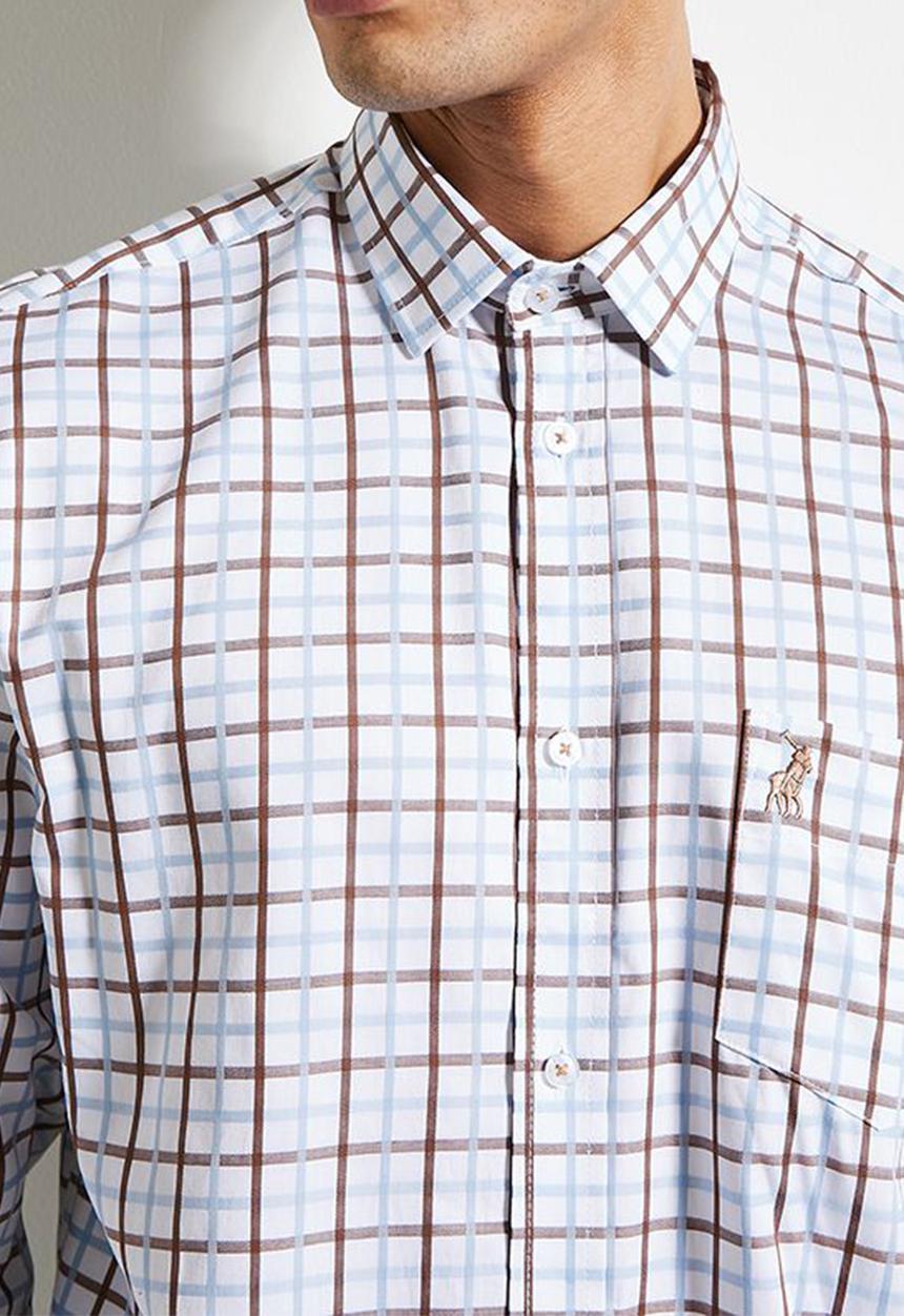 POLO - Mens Easy Care Small Check Long Sleeve Shirt - Multi 