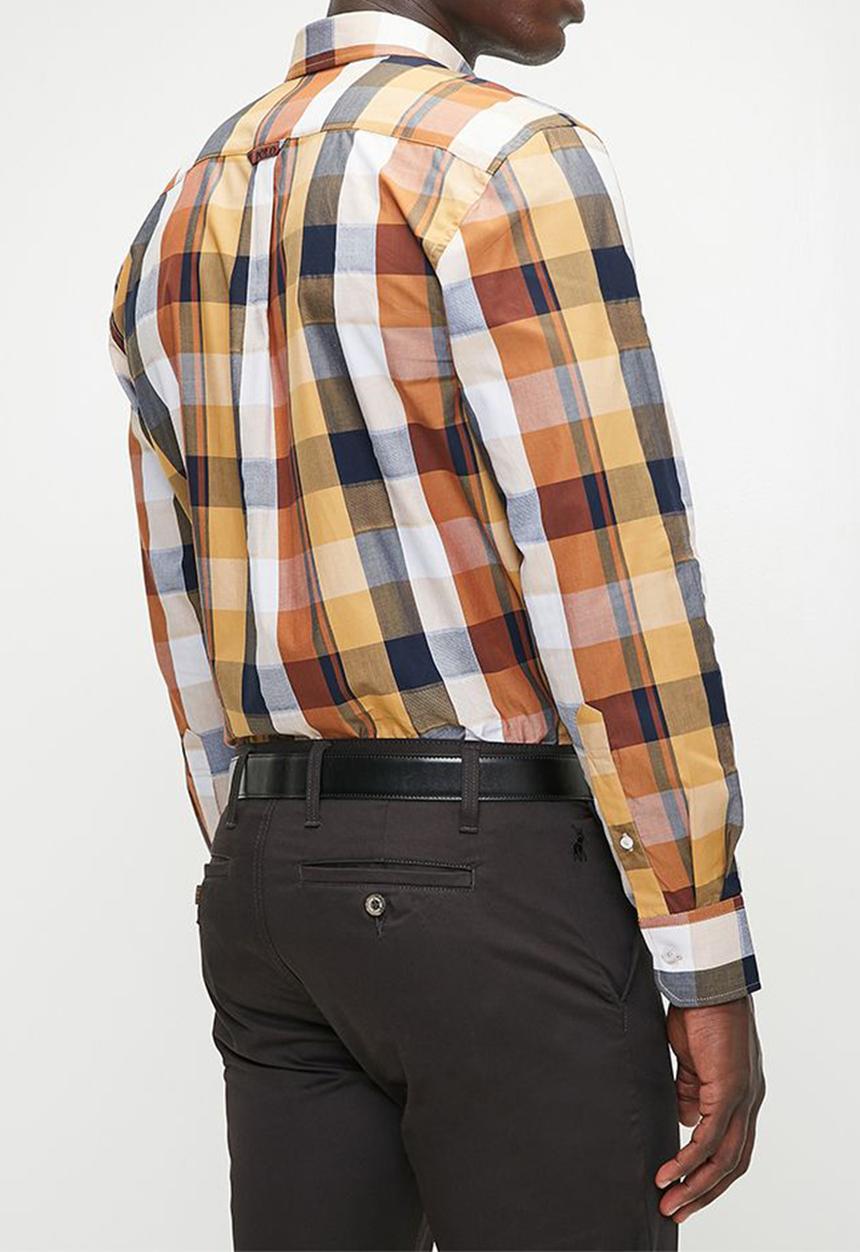 POLO - Mens Easy Care Bold Check Long sleeve Shirt - Orange
