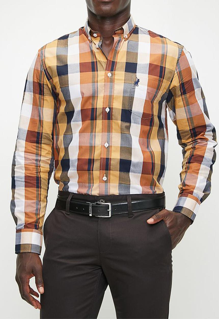 POLO - Mens Easy Care Bold Check Long sleeve Shirt - Orange