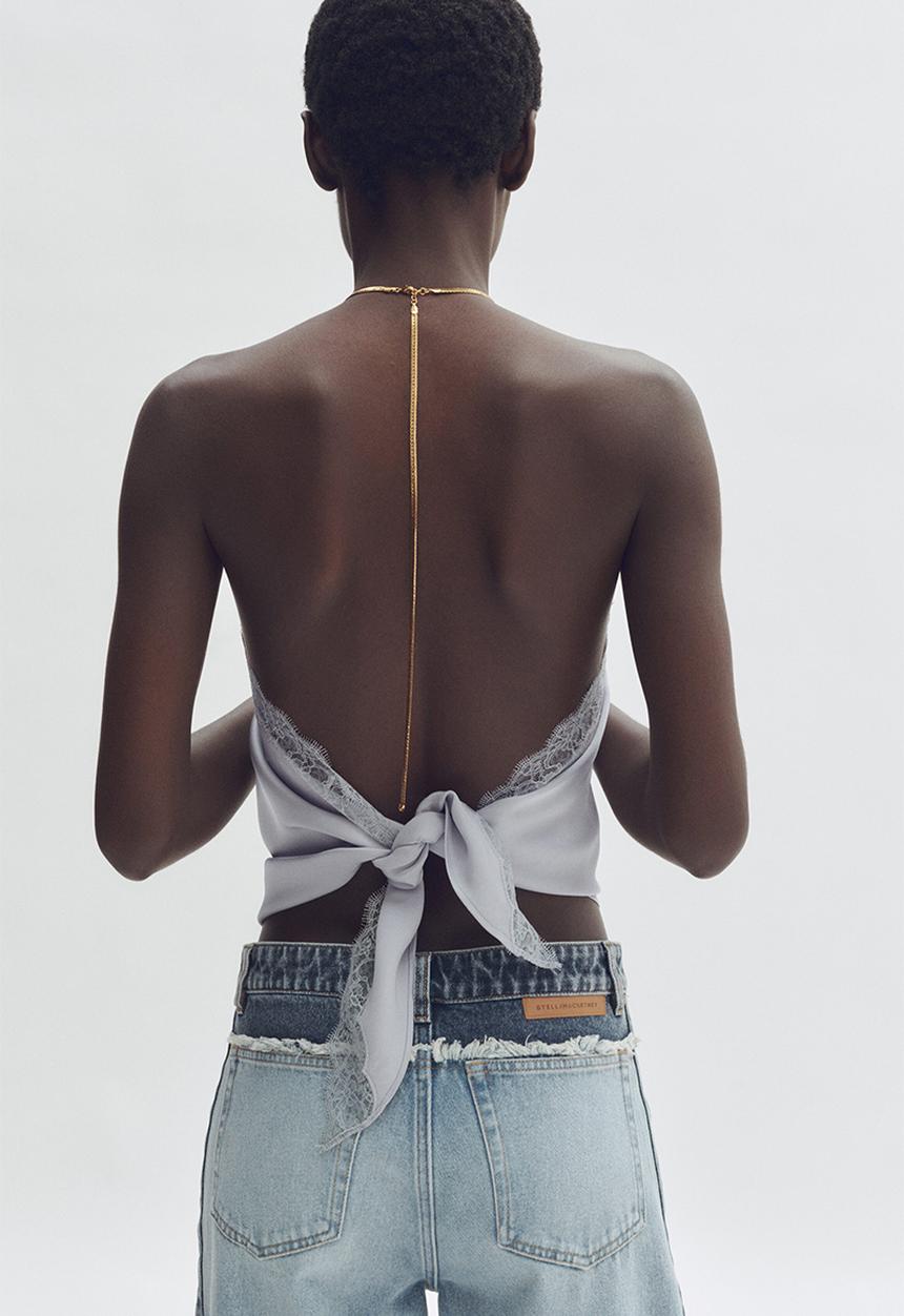 H&M - Stella McCartney H&M: Lace-trimmed halterneck top - light dusty blue