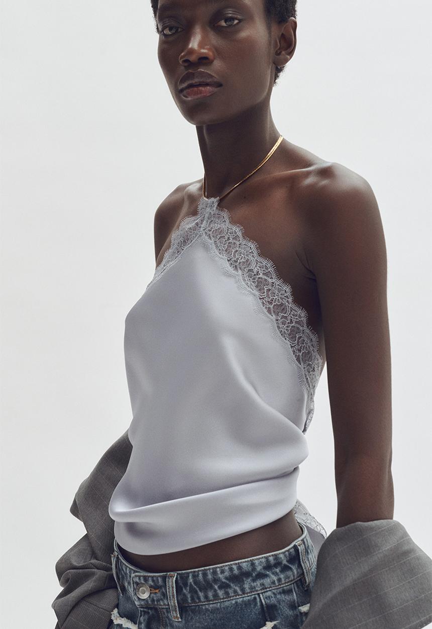 H&M - Stella McCartney H&M: Lace-trimmed halterneck top - light dusty blue