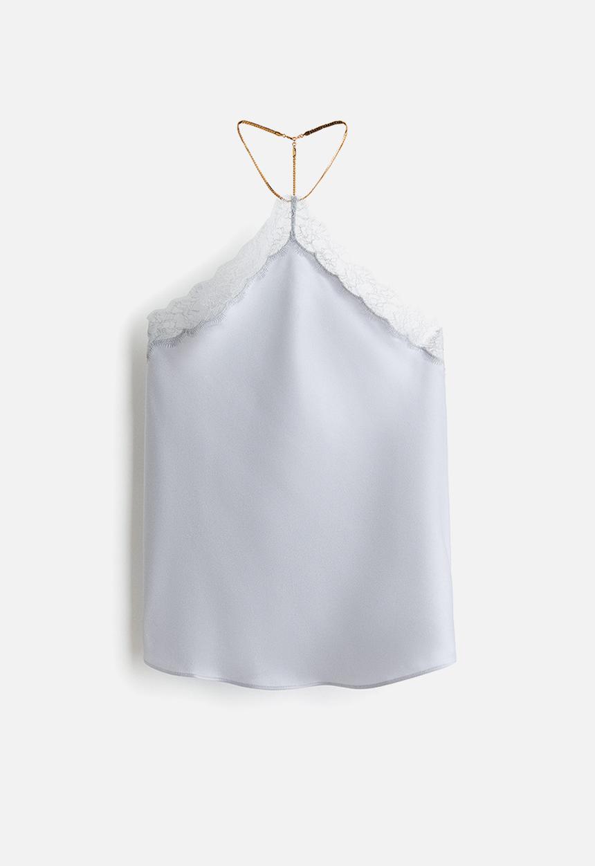 H&M - Stella McCartney H&M: Lace-trimmed halterneck top - light dusty blue