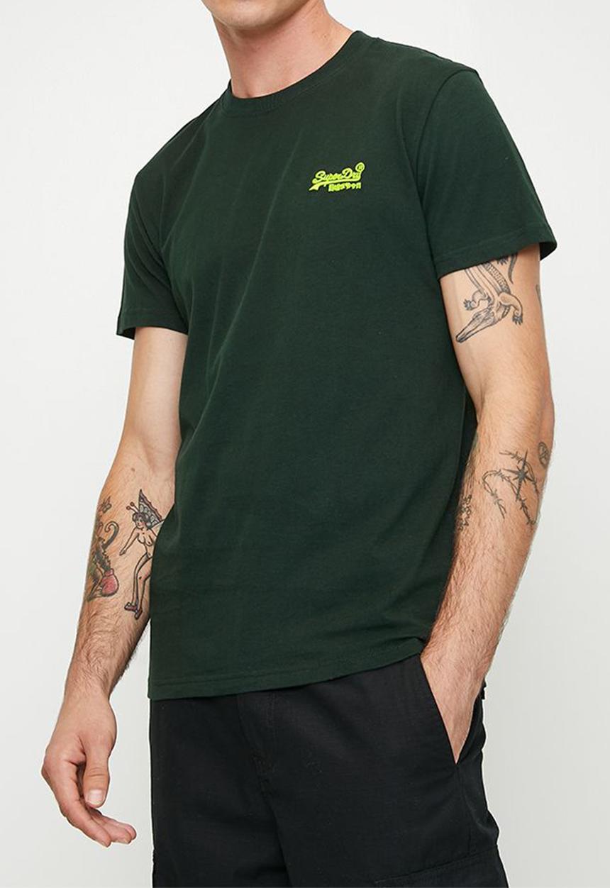 Superdry. - Essential logo emb tee - Forest Green/Fluro Yellow