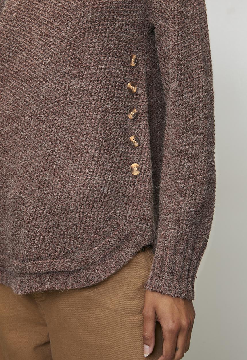 MANDI - Long Sleeve Waffle Sweater With Side Wood Buttons - Chocolate
