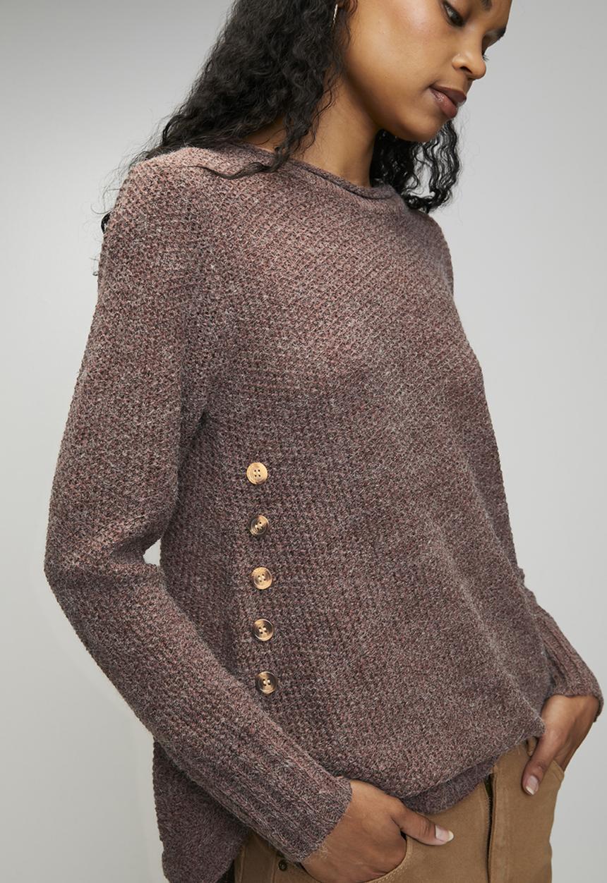 MANDI - Long Sleeve Waffle Sweater With Side Wood Buttons - Chocolate