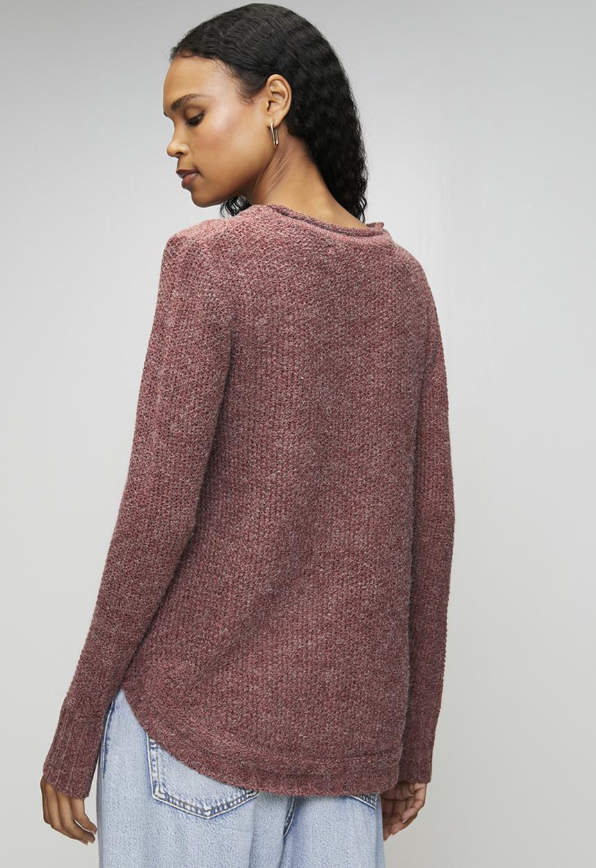 MANDI - L/S Waffle Sweater With Side Wood Buttons And Scooped Hem - Plum