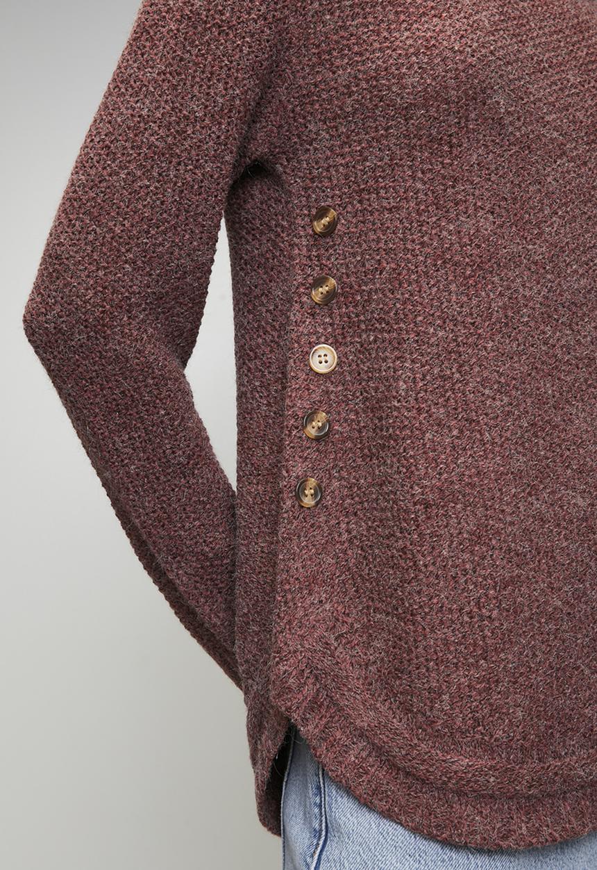 MANDI - L/S Waffle Sweater With Side Wood Buttons And Scooped Hem - Plum
