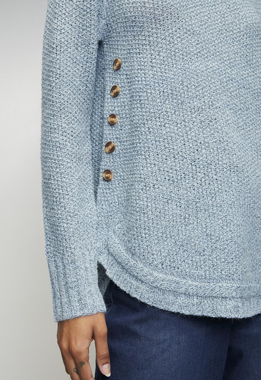 MANDI - Long Sleeve Waffle Sweater With Side Wood Buttons - Light Blue
