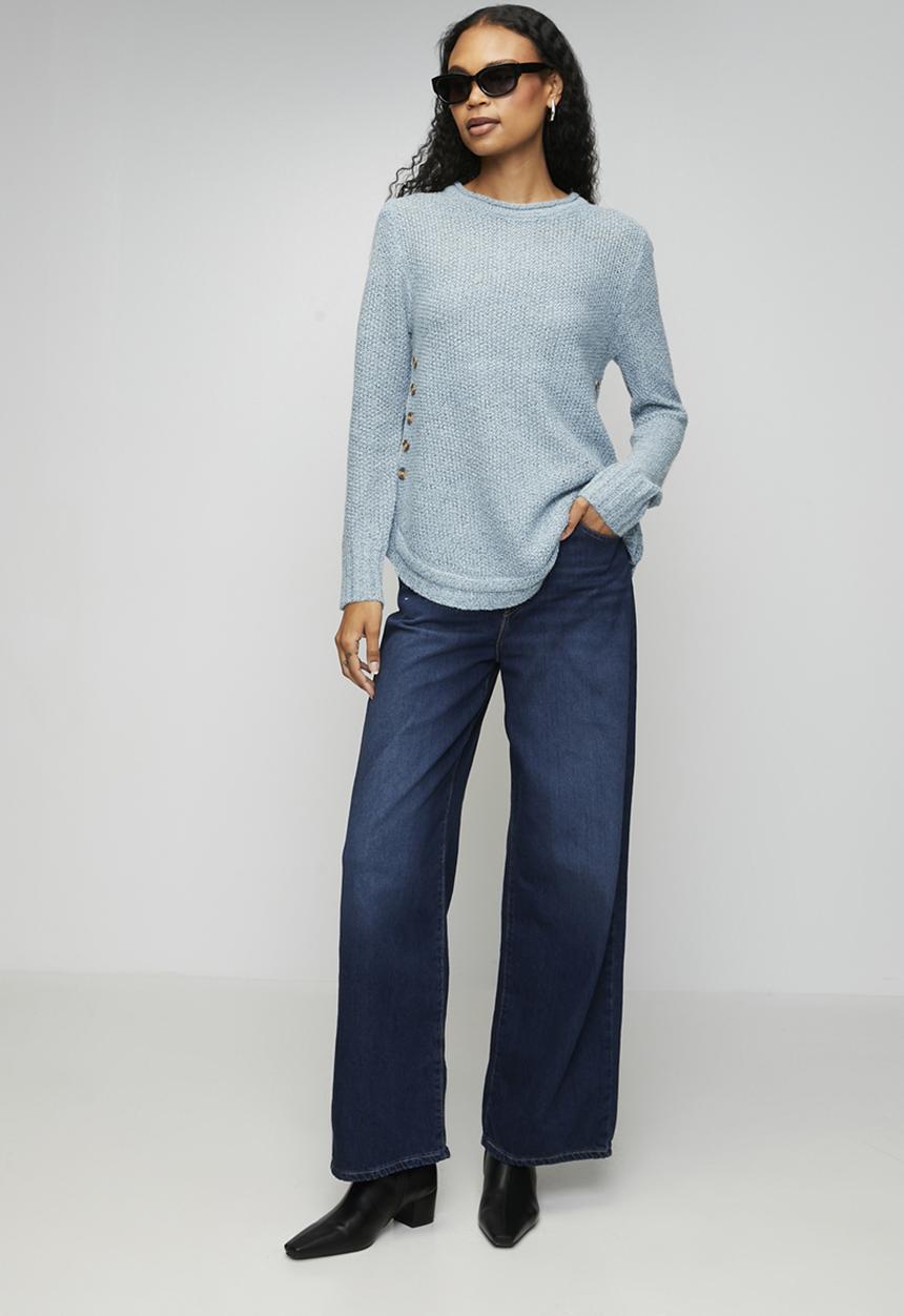 MANDI - Long Sleeve Waffle Sweater With Side Wood Buttons - Light Blue