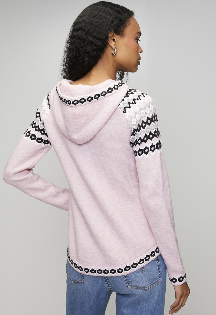 MANDI - Long sleeve  V-Neck Scoop Hem Hooded Sweater  - Pink