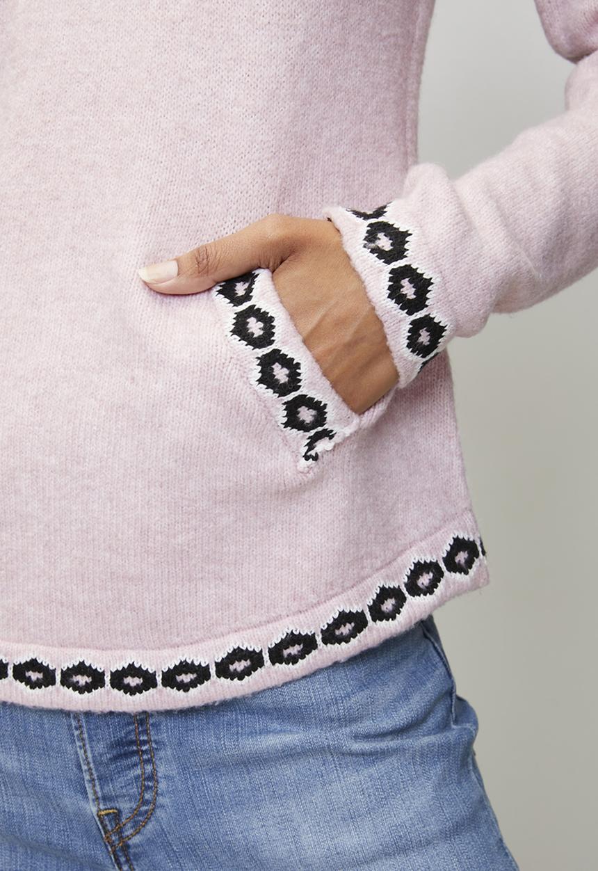 MANDI - Long sleeve  V-Neck Scoop Hem Hooded Sweater  - Pink