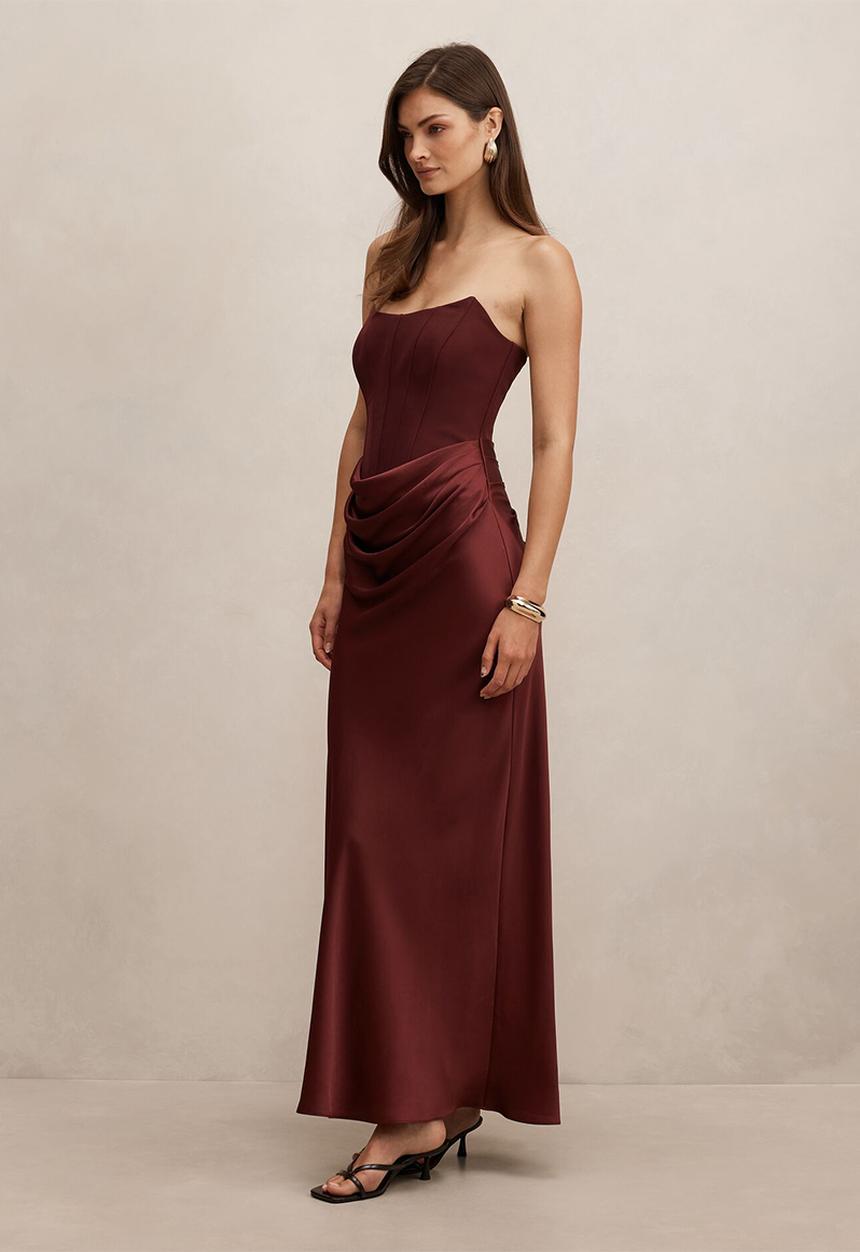 merlot fitted dress with spaghetti straps Keena Scarf Maxi Dress