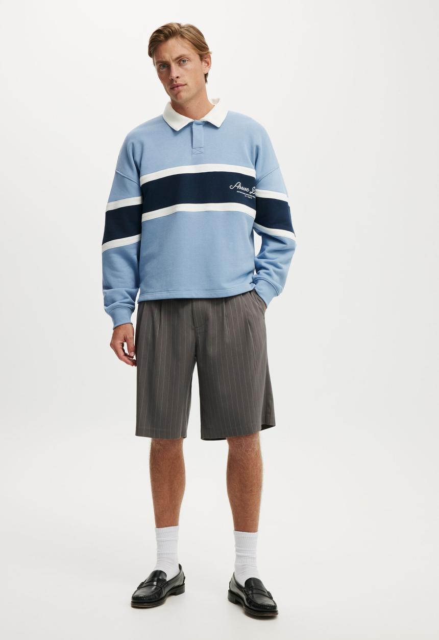 Cotton On - Cropped Fit Graphic Fleece Polo - Riviera Blue/Vintage White/Society