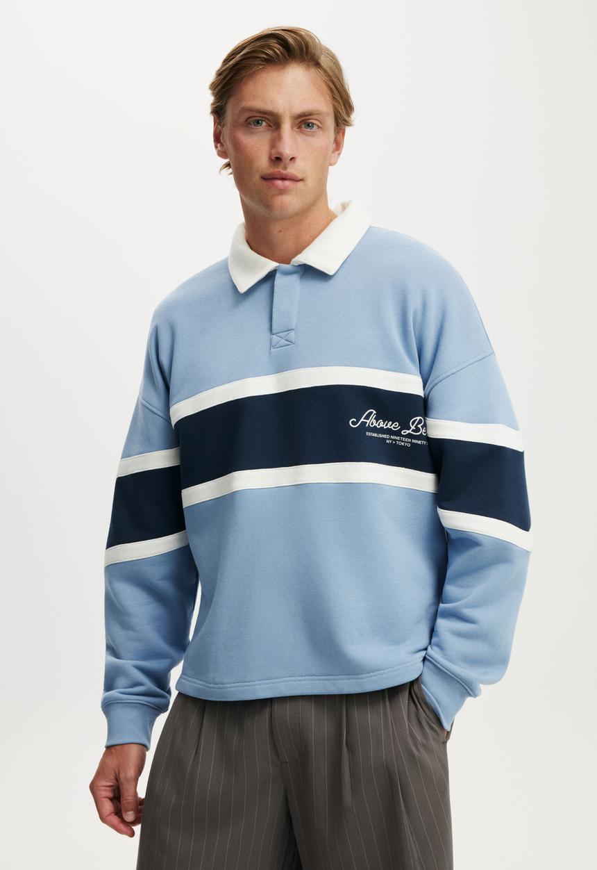 Cropped Fit Graphic Fleece Polo- Riviera Blue / Vintage White