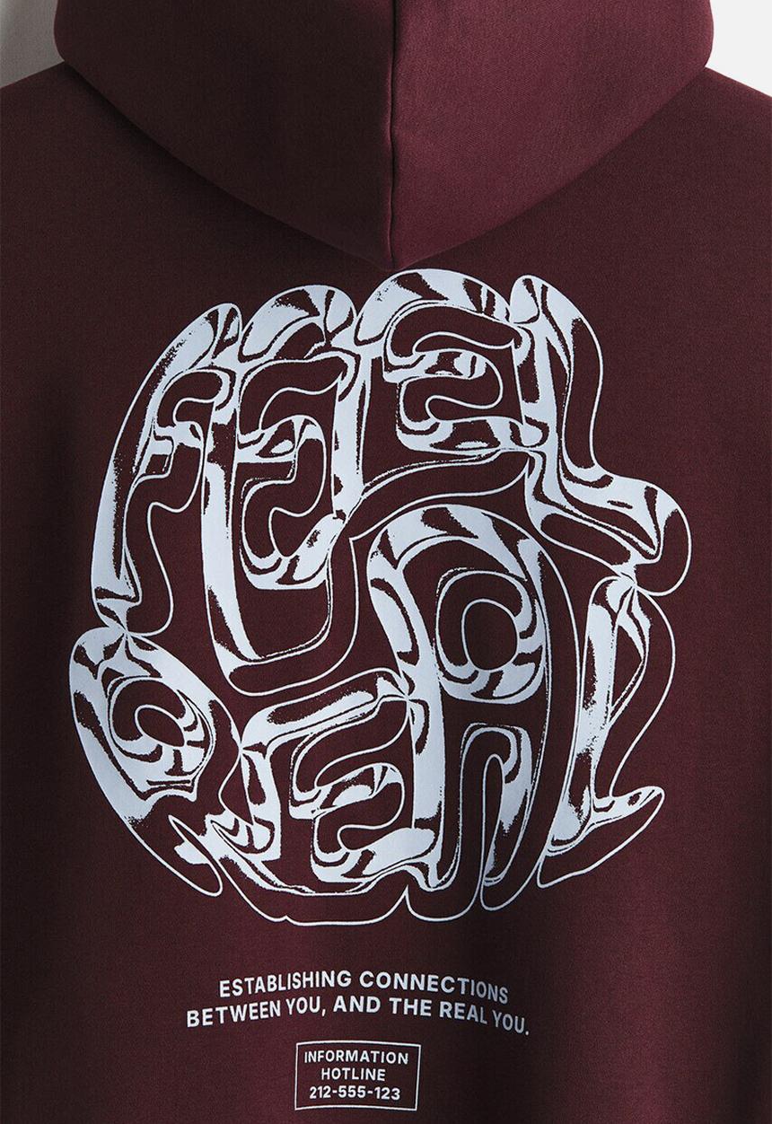 H&M - Loose fit printed hoodie - burgundy/feel real