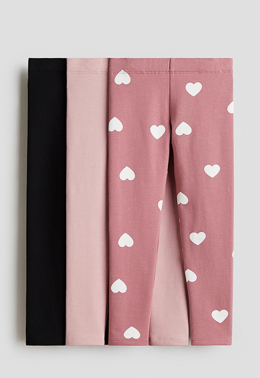 H&M - 3-Pack brushed-inside jersey leggings - dusty pink/hearts