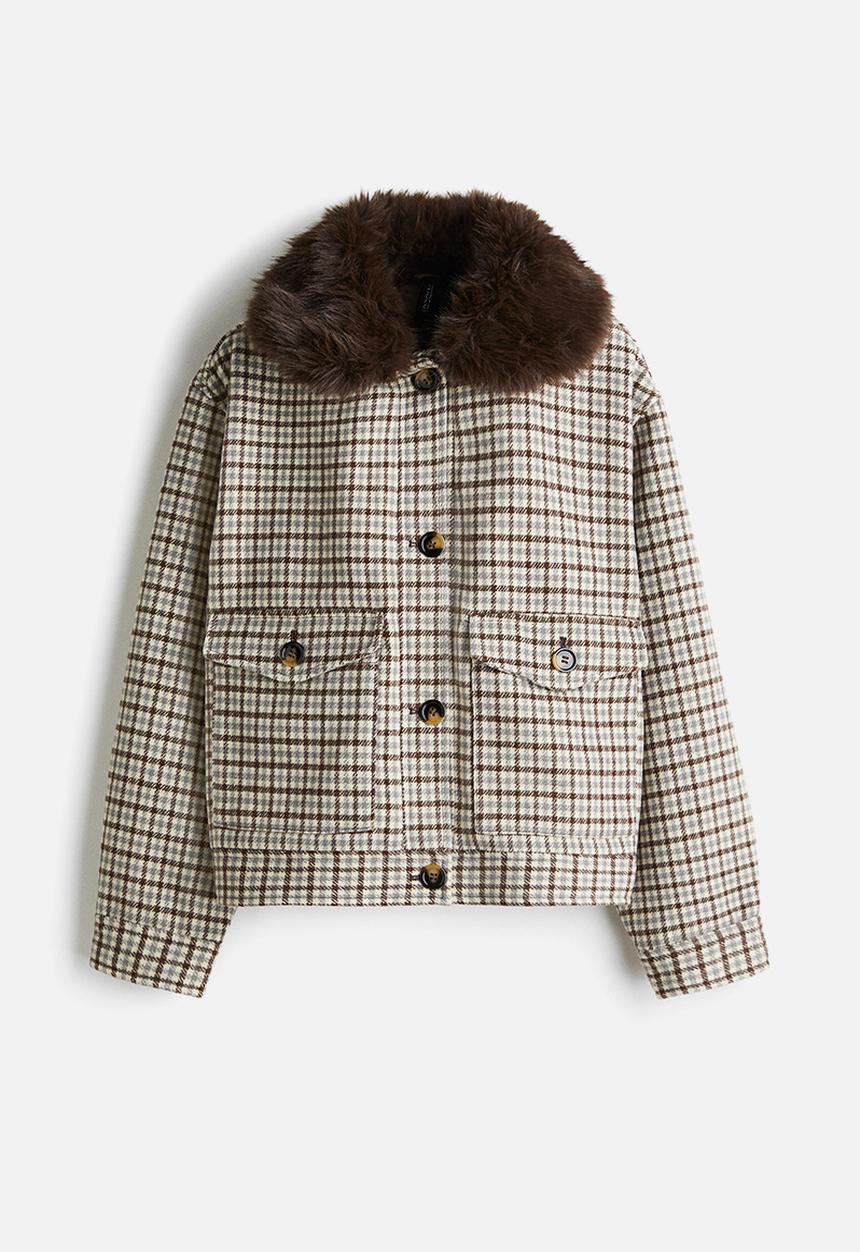 H&M - Fluffy-collar twill jacket - light beige/checked