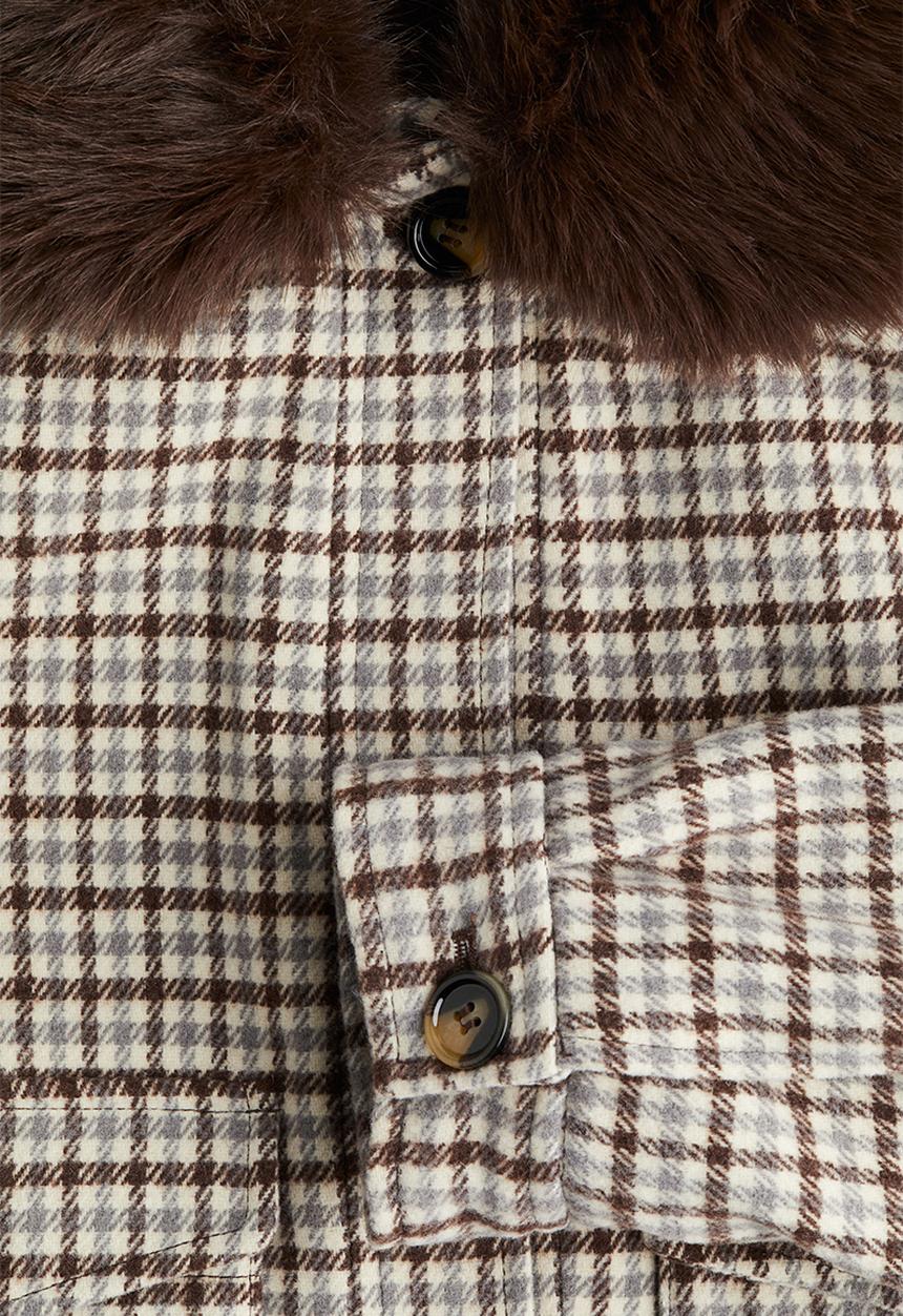 H&M - Fluffy-collar twill jacket - light beige/checked