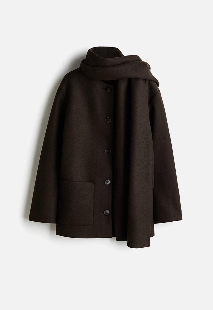 H&M - Scarf-detail coat - dark brown