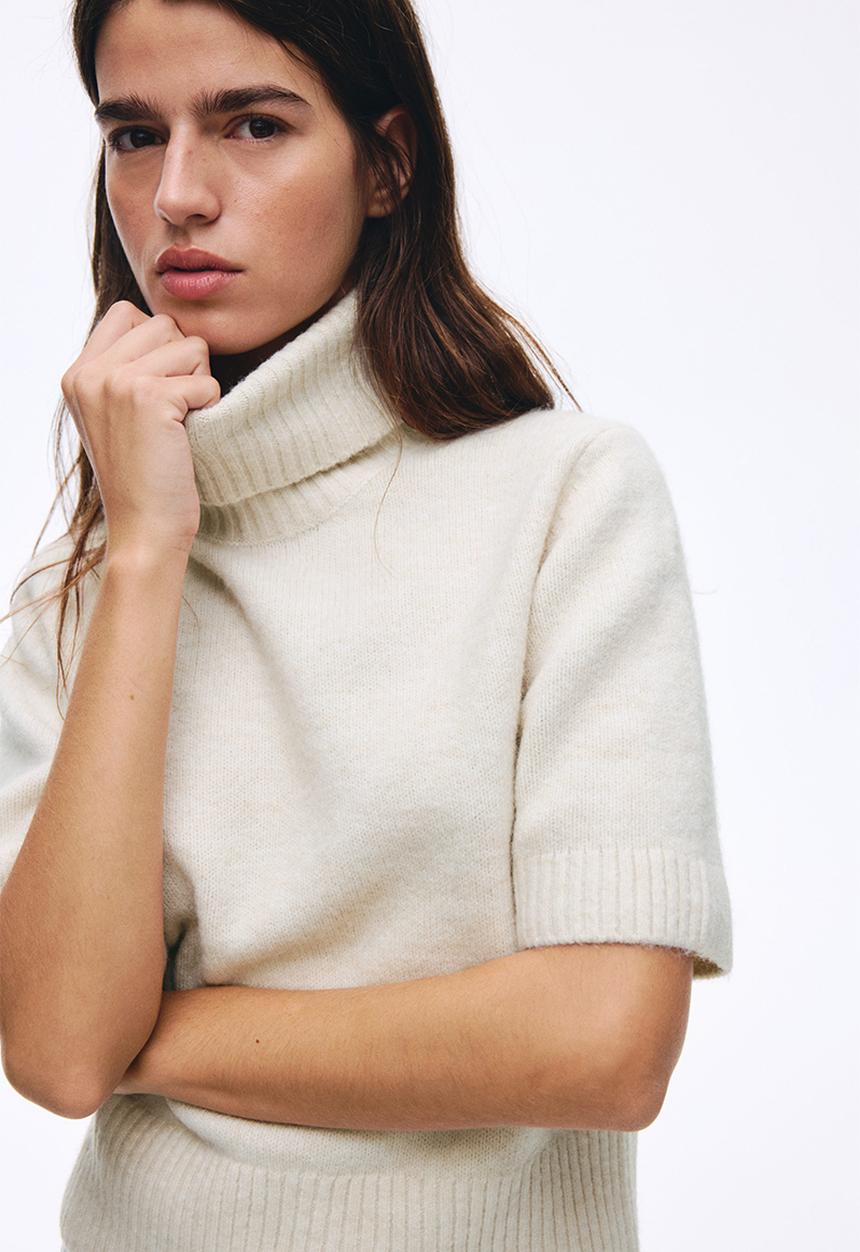 Knitted polo-neck top - cream - 1314878001