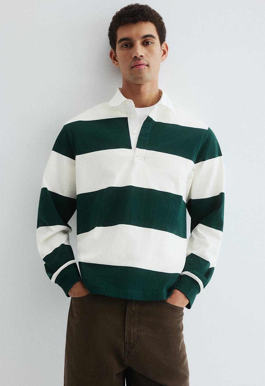 H&M - Regular fit cotton rugby shirt - dark green/white