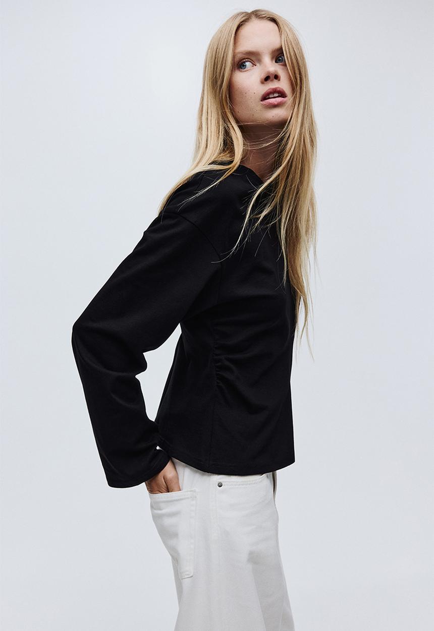 H&M - Gathered cotton jersey top - black