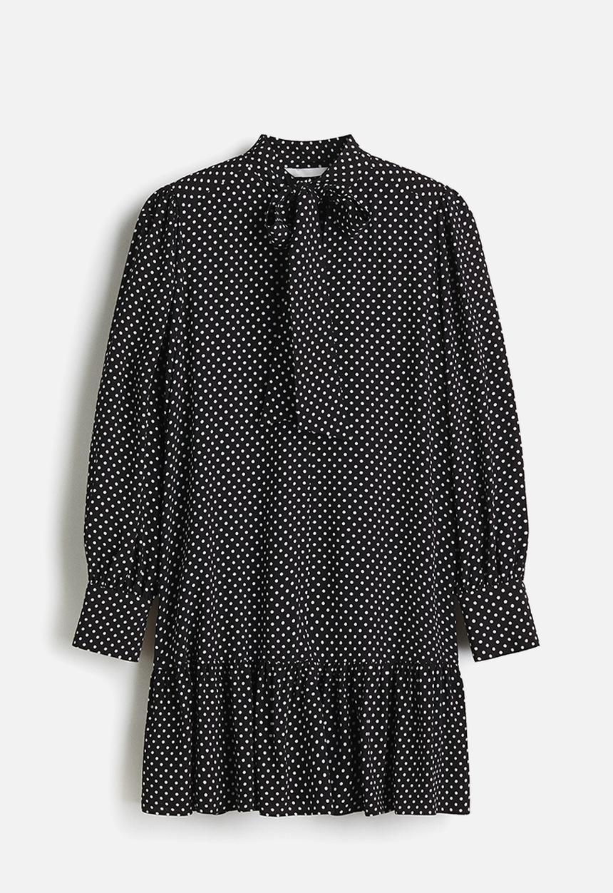 H&M - Bow-collar tunic dress - black/spotted